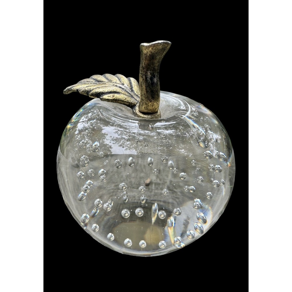Vintage Glass Paperweight Apple With Brass Stem -Perfect Teacher Gift